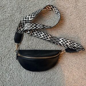 Black Crossbody Bag with Patterned Strap